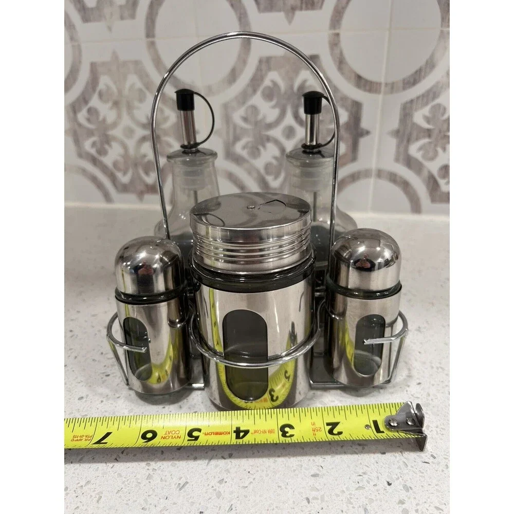 VTG Oil Vinegar‎ Salt Pepper Cruet Set Caddy w/Handle